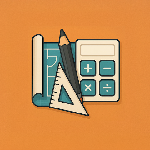 Architect Calculator app icon — blueprint, ruler, pencil and calculator on orange background